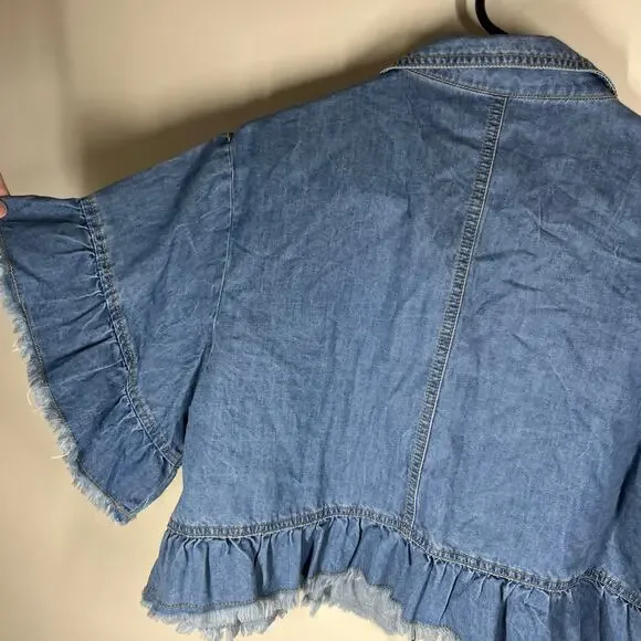 Allegra K Jacket Womens Large Top Layer Lt Wt Denim Cropped Ruffled Jean Frayed - Picture 8 of 12